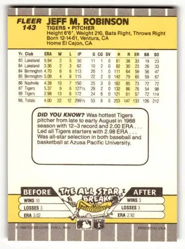 Jeff Robinson Detroit Tigers baseball card displayed in 1989 Fleer #143 product