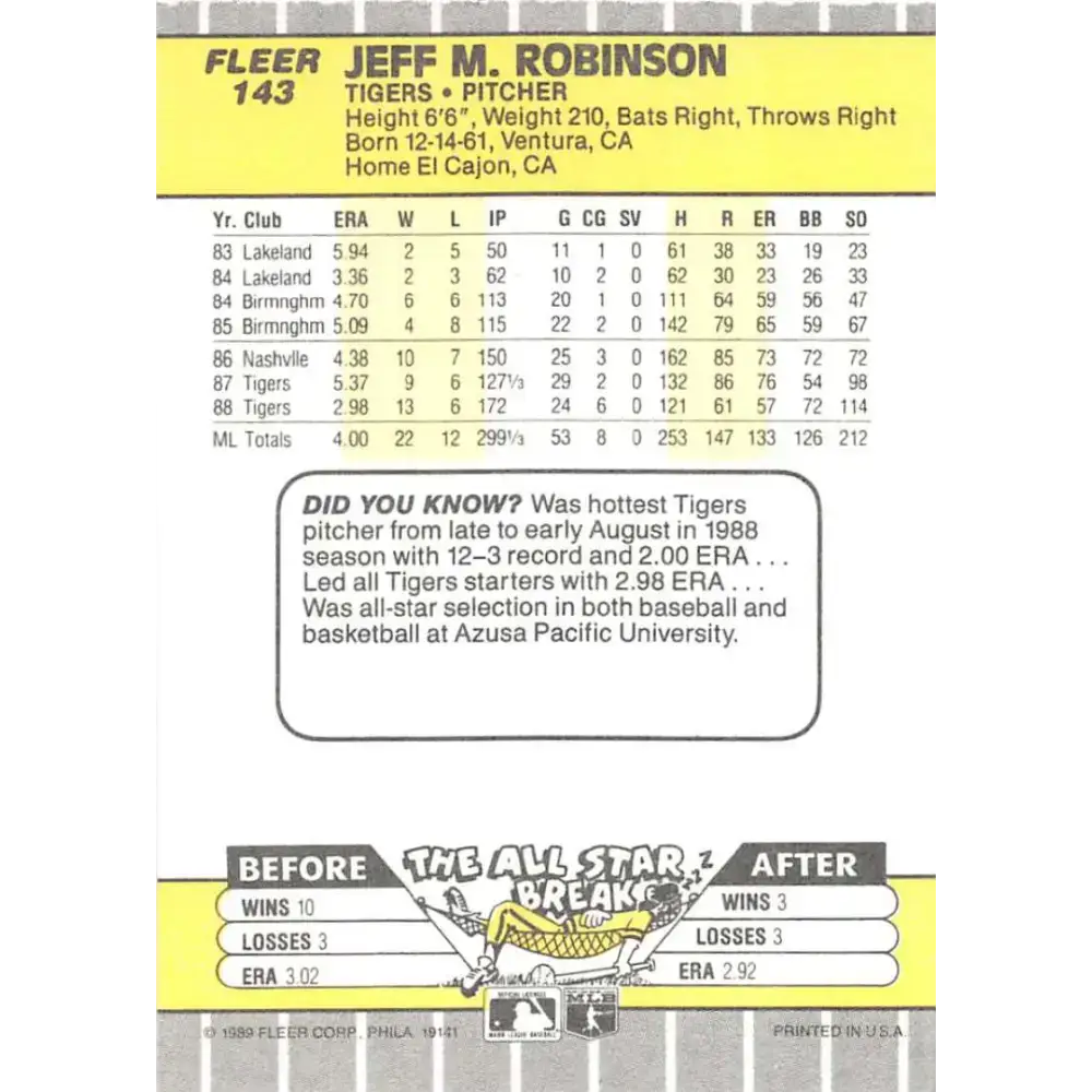 1989 Fleer #143 Jeff Robinson EX Excellent Detroit Tigers Baseball Card - Baseball Card Single