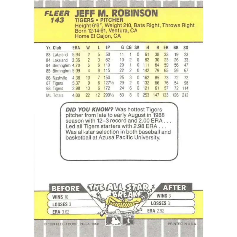 1989 Fleer #143 Jeff Robinson EX Excellent Detroit Tigers Baseball Card - Baseball Card Single