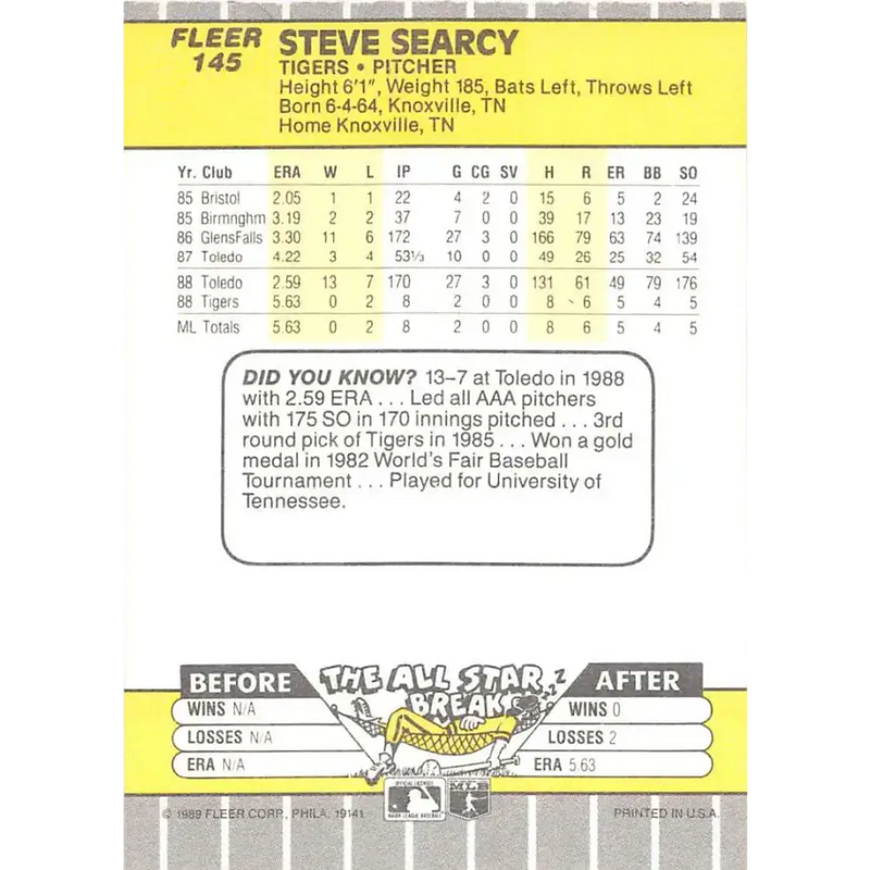 1989 Fleer #145 Steve Searcy EX Excellent Detroit Tigers Baseball Card - Baseball Card Single