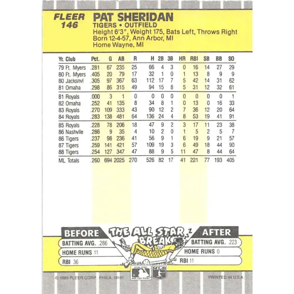 1989 Fleer #146 Pat Sheridan EX Excellent Detroit Tigers Baseball Card - Baseball Card Single