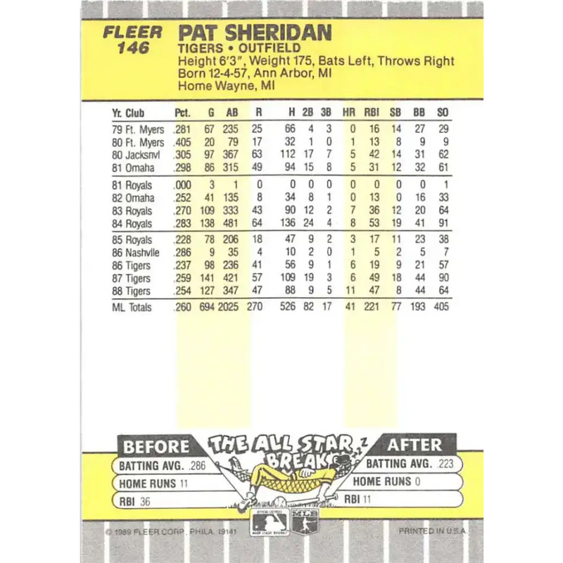 1989 Fleer #146 Pat Sheridan EX Excellent Detroit Tigers Baseball Card - Baseball Card Single