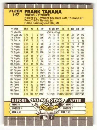 Original gloss 1989 Fleer Frank Tanana Detroit Tigers baseball card NM near mint