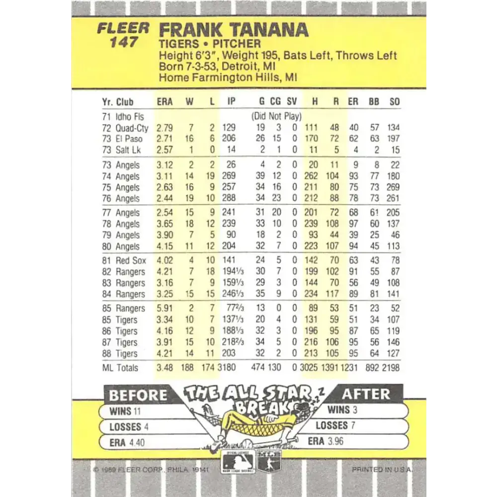 1989 Fleer #147 Frank Tanana EX Excellent Detroit Tigers Baseball Card - Baseball Card Single