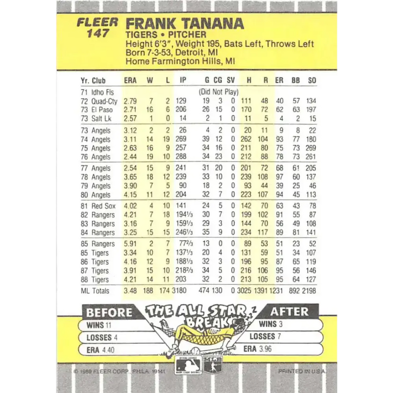 1989 Fleer #147 Frank Tanana EX Excellent Detroit Tigers Baseball Card - Baseball Card Single