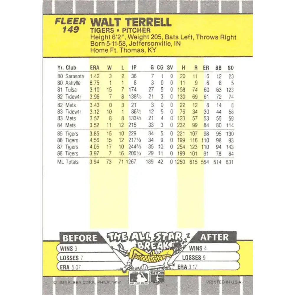 1989 Fleer #149 Walt Terrell EX Excellent Detroit Tigers Baseball Card - Baseball Card Single