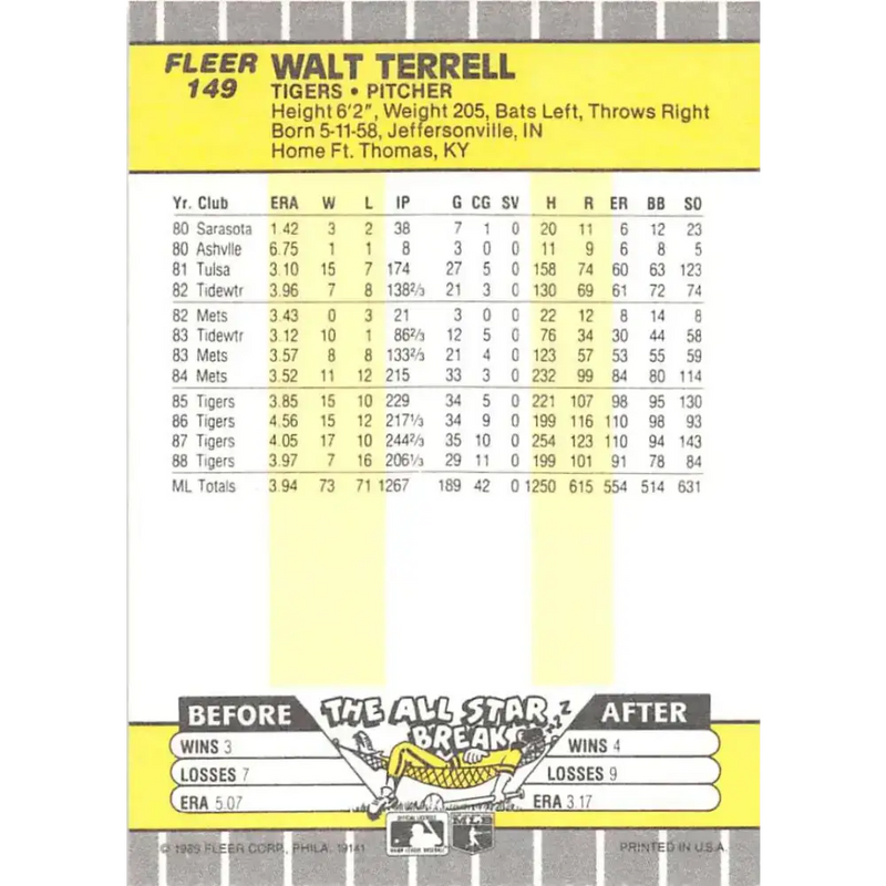 1989 Fleer #149 Walt Terrell EX Excellent Detroit Tigers Baseball Card - Baseball Card Single