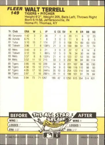 Original gloss Walt Terrell baseball card from 1989 Fleer #149 NM-MT Tigers