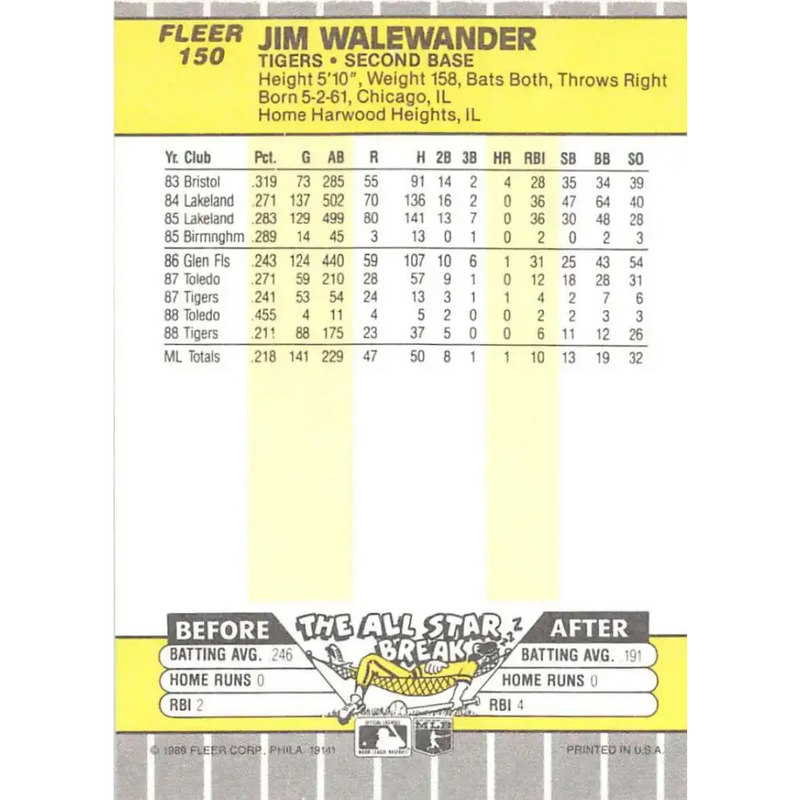 1989 Fleer #150 Jim Walewander EX Excellent Detroit Tigers Baseball Card - Baseball Card Single