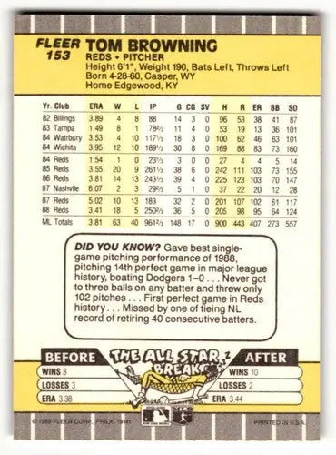 Original gloss Tom Browning Cincinnati baseball card from 1989 Fleer #153