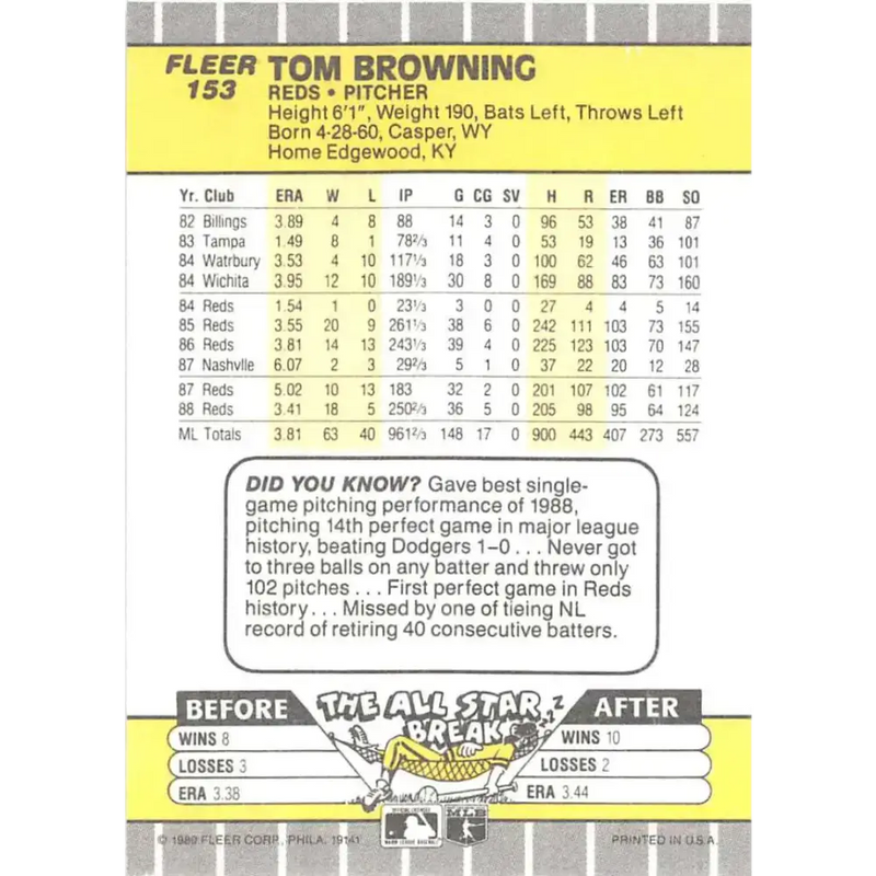 1989 Fleer #153 Tom Browning EX Excellent Cincinnati Reds Baseball Card - Baseball Card Single