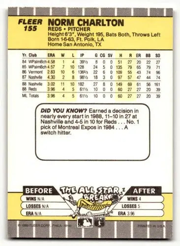 1989 Fleer Norm Charlton Cincinnati Reds baseball card with original gloss