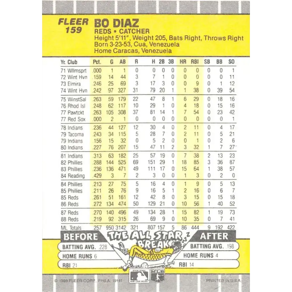 1989 Fleer #159 Bo Diaz EX Excellent Cincinnati Reds Baseball Card - Baseball Card Single