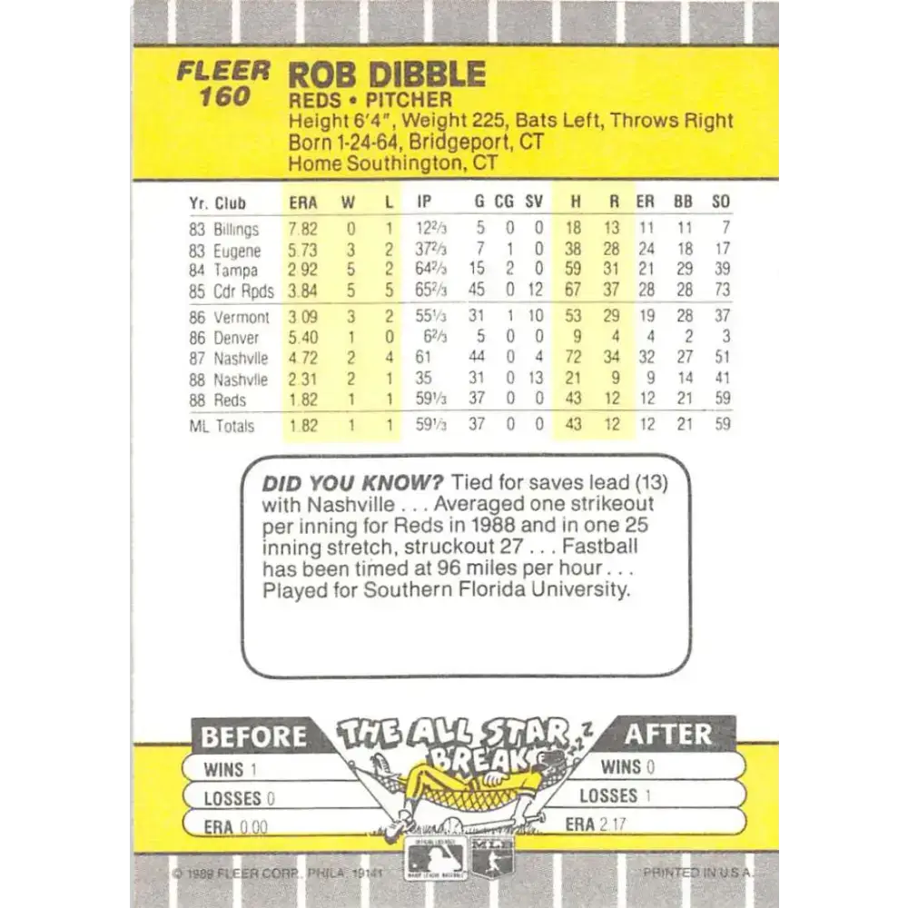 1989 Fleer #160 Rob Dibble EX Excellent RC Rookie Cincinnati Reds Baseball Card
