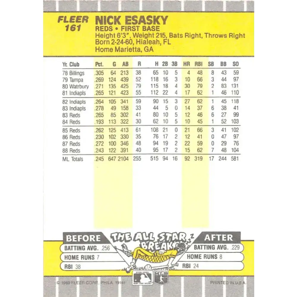 1989 Fleer #161 Nick Esasky EX Excellent Cincinnati Reds Baseball Card - Baseball Card Single