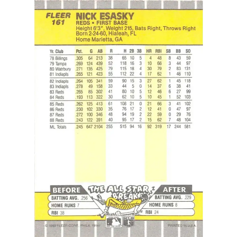 1989 Fleer #161 Nick Esasky EX Excellent Cincinnati Reds Baseball Card - Baseball Card Single