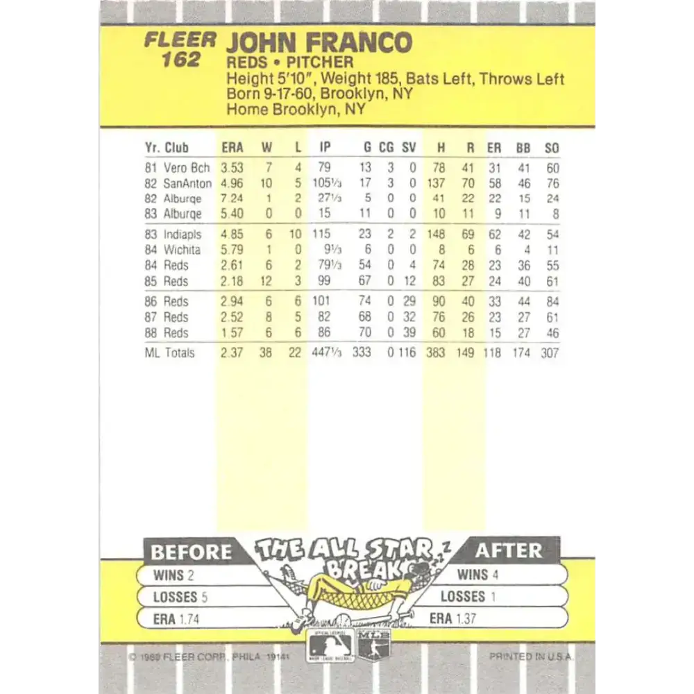 1989 Fleer #162 John Franco EX Excellent Cincinnati Reds Baseball Card - Baseball Card Single