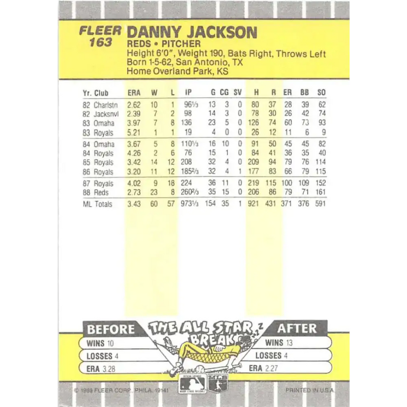 1989 Fleer #163 Danny Jackson EX Excellent Cincinnati Reds Baseball Card - Baseball Card Single