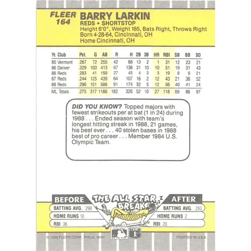 1989 Fleer #164 Barry Larkin EX Excellent Cincinnati Reds Baseball Card - Baseball Card Single