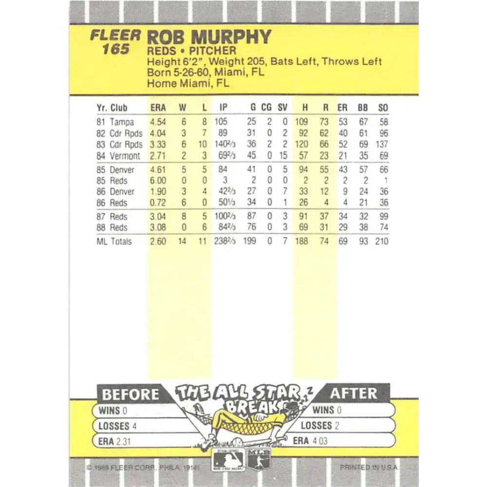 1989 Fleer #165 Rob Murphy EX Excellent Baseball Card - Baseball Card Single