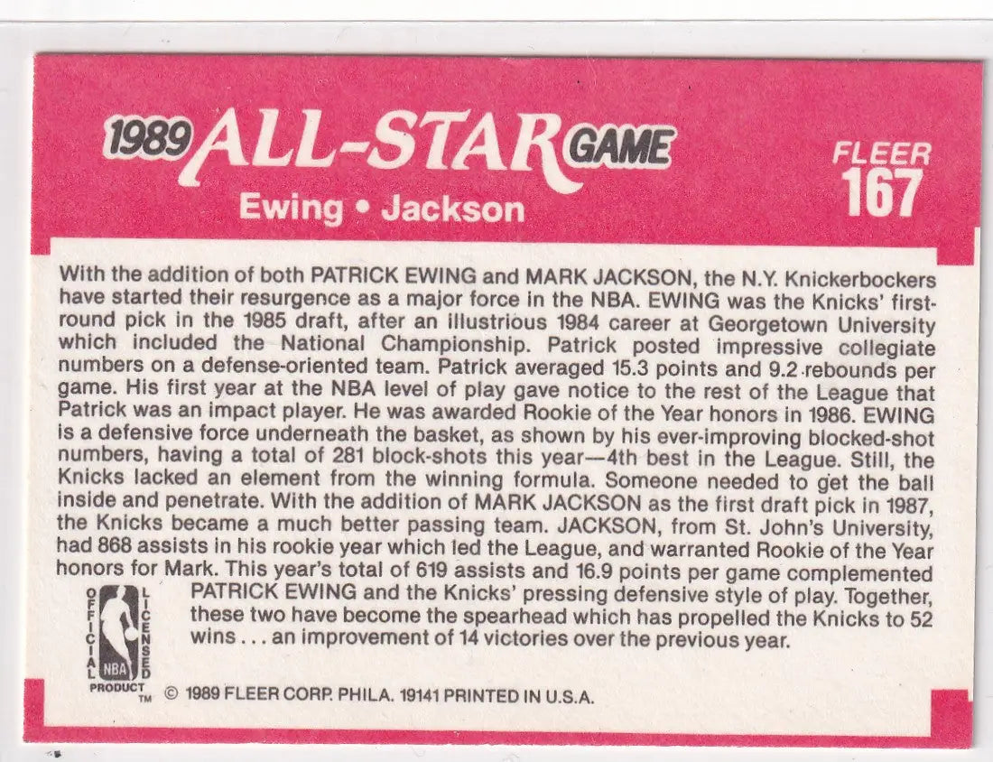 1989 FLEER #167 PATRICK EWING ALL STAR- NEW YORK KNICKS - Basketball Card Single