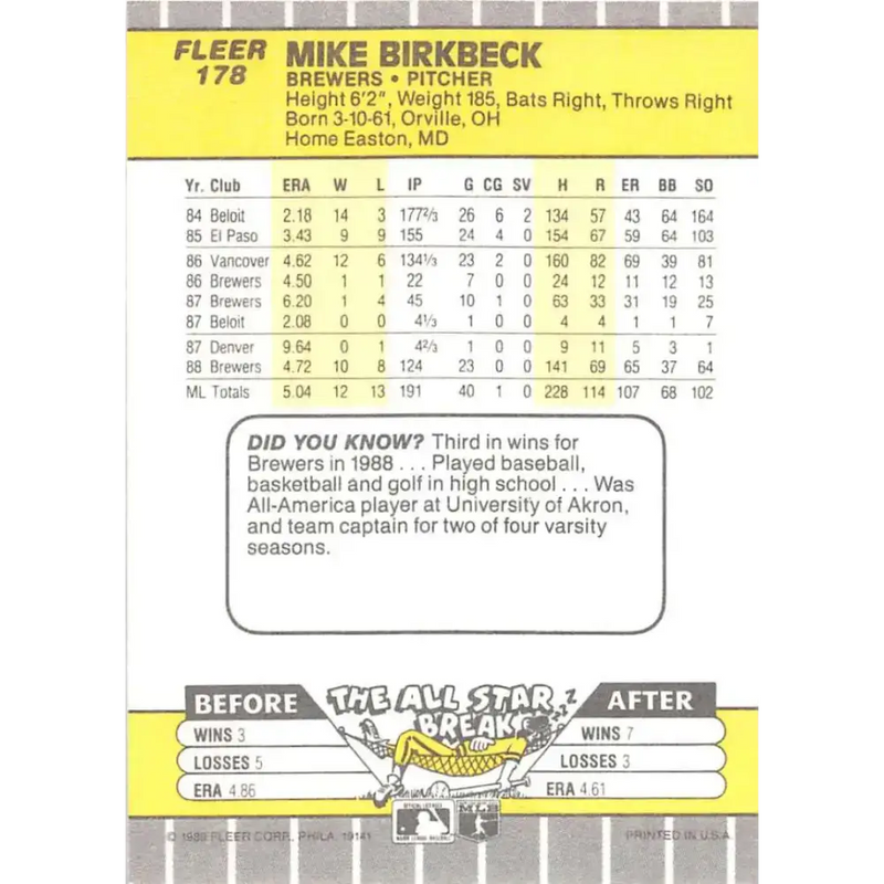 1989 Fleer #178 Mike Birkbeck EX Excellent Milwaukee Brewers Baseball Card - Baseball Card Single