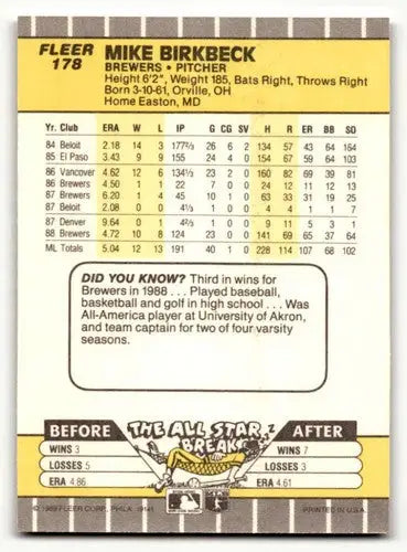 Mike Birkbeck Milwaukee Brewers baseball card from 1989 Fleer #178 NM ID:54385