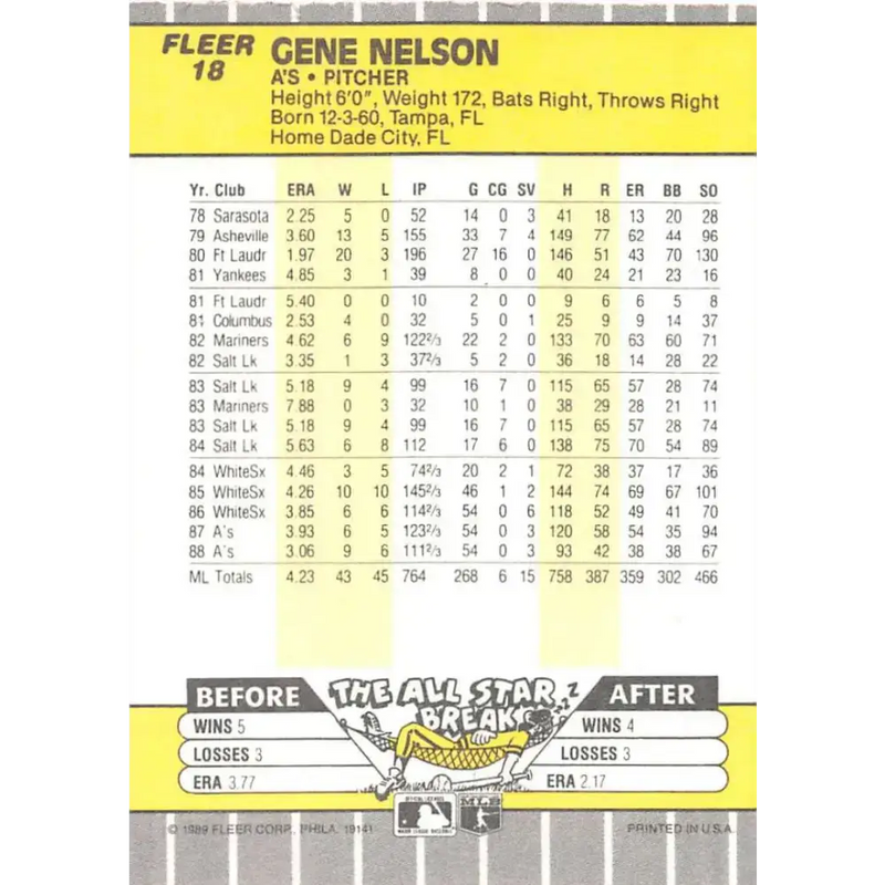 1989 Fleer #18 Gene Nelson EX Excellent Oakland Athletics Baseball Card - Baseball Card Single