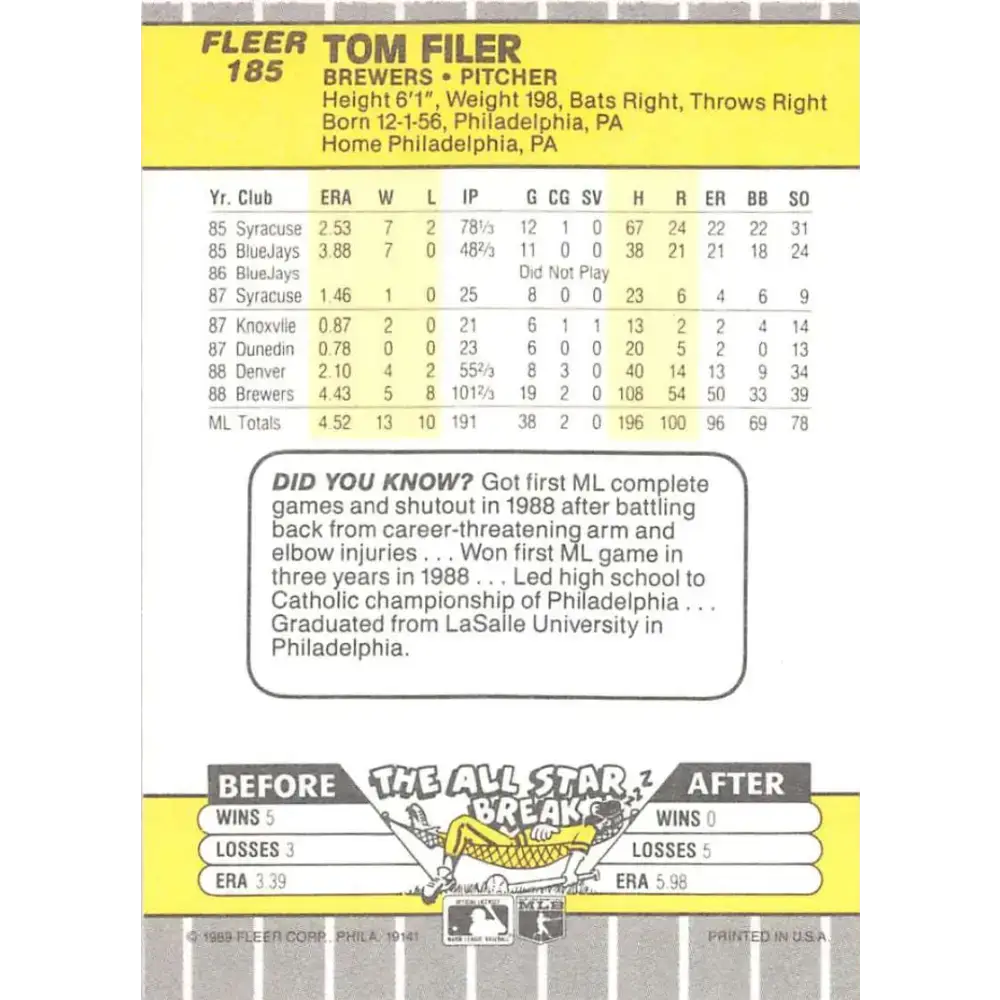 1989 Fleer #185 Tom Filer EX Excellent Milwaukee Brewers Baseball Card - Baseball Card Single