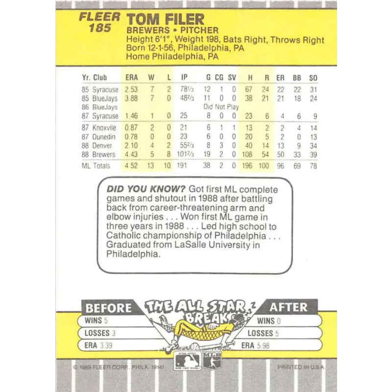 1989 Fleer #185 Tom Filer EX Excellent Milwaukee Brewers Baseball Card - Baseball Card Single
