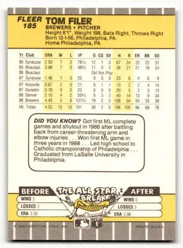 Original gloss Tom Filer Milwaukee baseball card from 1989 Fleer #185 Filer Milwaukee Brewers