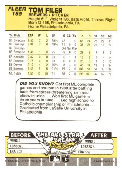 1989 Fleer #185 Tom Filer - Trading Cards