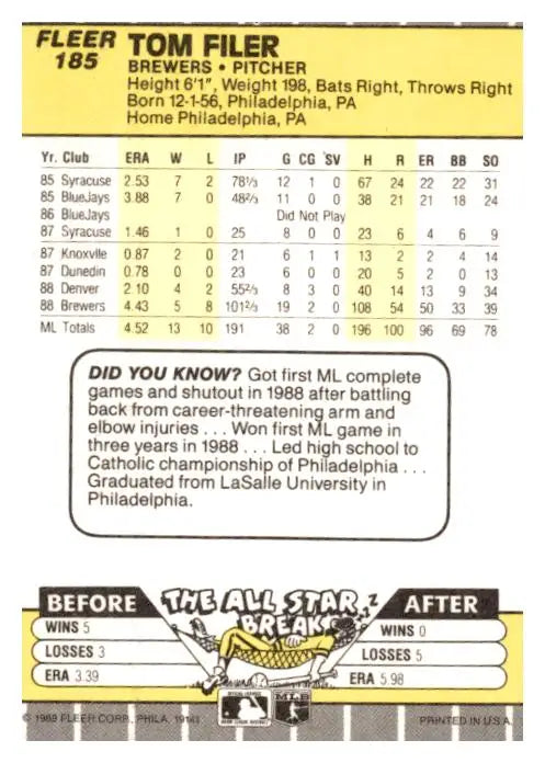 1989 Fleer #185 Tom Filer - Baseball Card Single