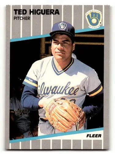 Original gloss Ted Higuera Milwaukee baseball card from 1989 Fleer #188 representing the Milwaukee Brewers