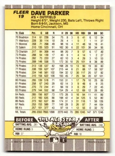 Original gloss Dave Parker Oakland Athletics baseball card from 1989 Fleer #19