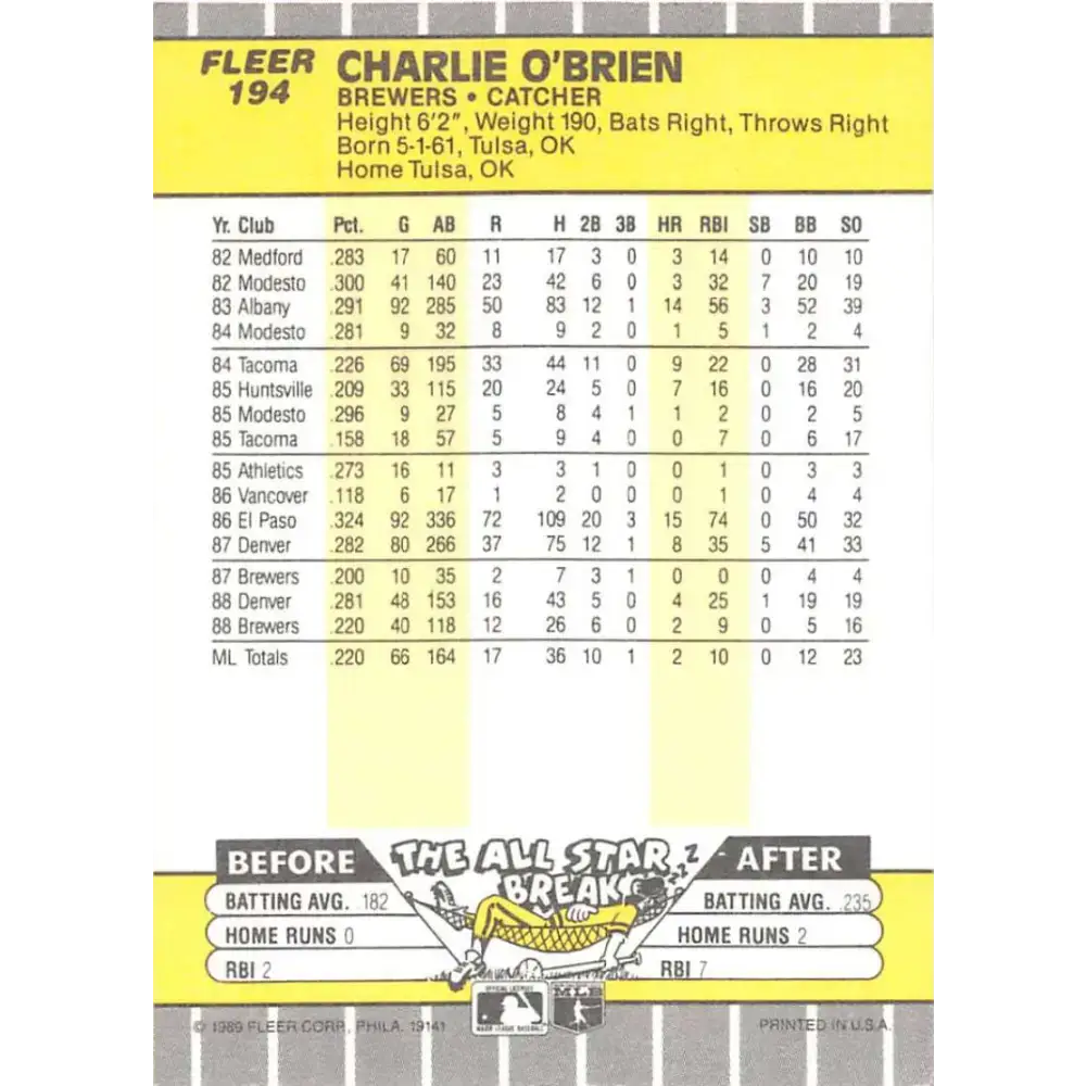 1989 Fleer #194 Charlie O’Brien EX Excellent Milwaukee Brewers Baseball Card - Baseball Card Single