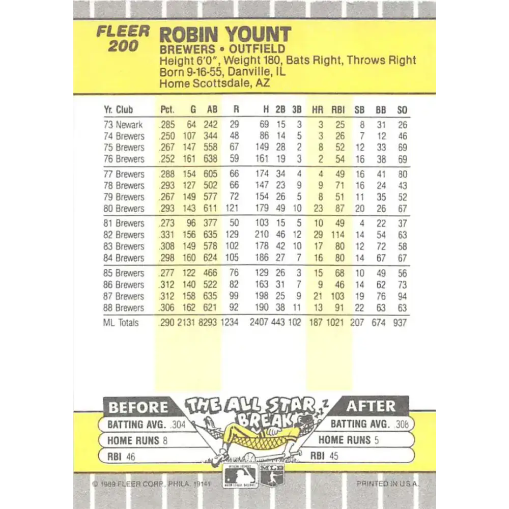1989 Fleer #200 Robin Yount EX Excellent Milwaukee Brewers Baseball Card - Baseball Card Single