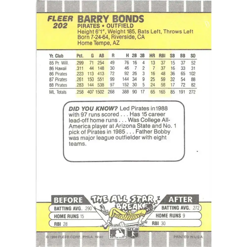 1989 Fleer #202 Barry Bonds EX Excellent Pittsburgh Pirates Baseball Card - Baseball Card Single