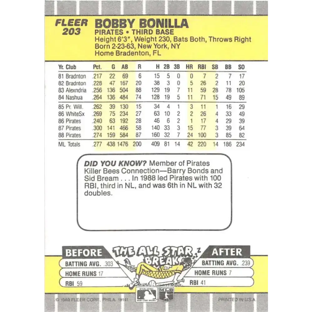 1989 Fleer #203 Bobby Bonilla EX Excellent Pittsburgh Pirates Baseball Card - Baseball Card Single