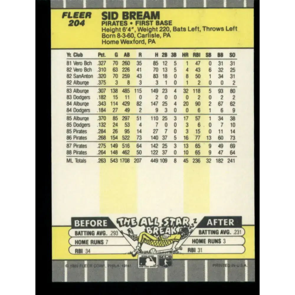 1989 Fleer #204 Sid Bream EX Excellent Pittsburgh Pirates Baseball Card - Baseball Card Single