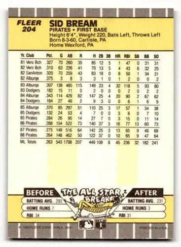 Sid Bream Pittsburgh Pirates baseball card from 1989 Fleer #204, NM near mint