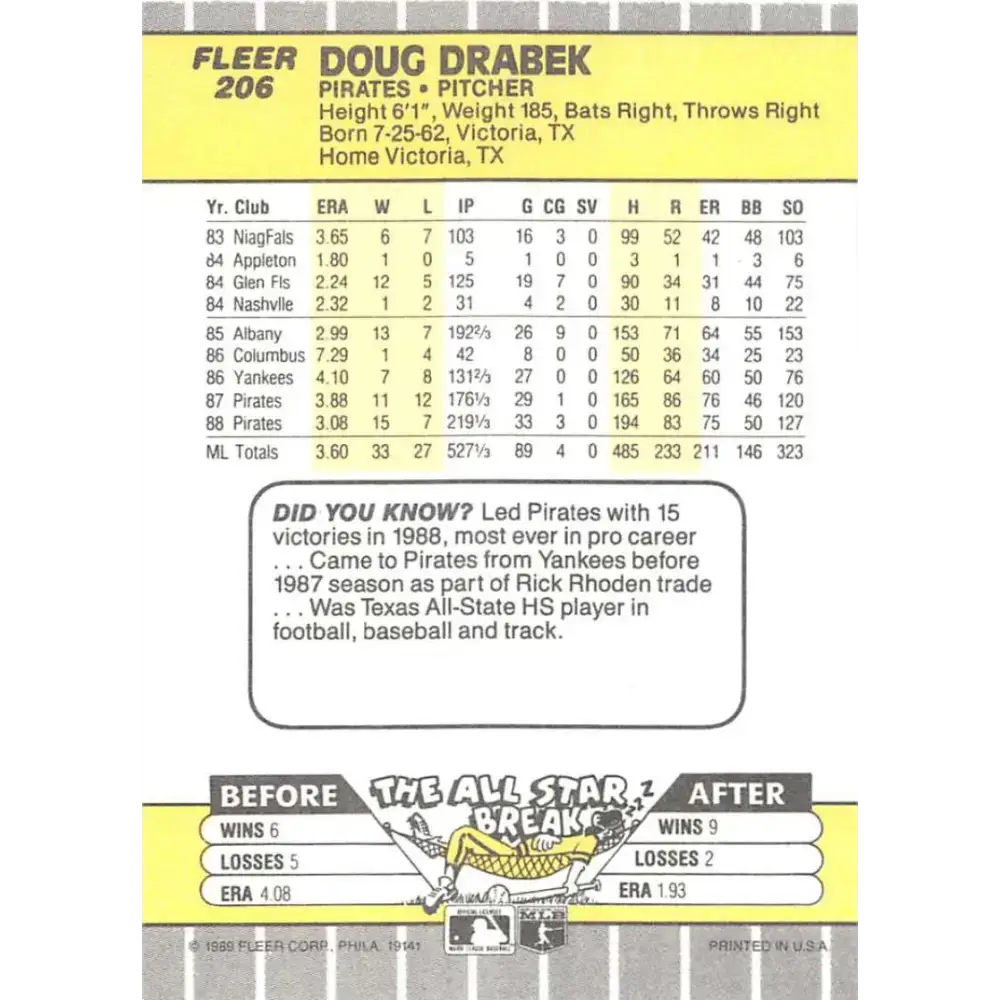 1989 Fleer #206 Doug Drabek EX Excellent Pittsburgh Pirates Baseball Card - Baseball Card Single