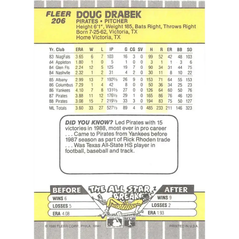 1989 Fleer #206 Doug Drabek EX Excellent Pittsburgh Pirates Baseball Card - Baseball Card Single