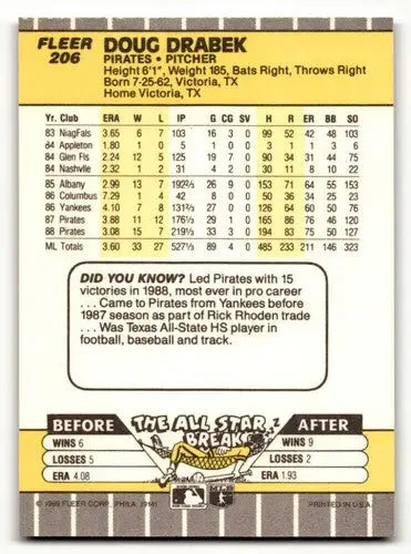 1989 Fleer #206 Doug Drabek Pittsburgh Pirates Baseball Cards NM Nea ID:54354 - Baseball Card Single