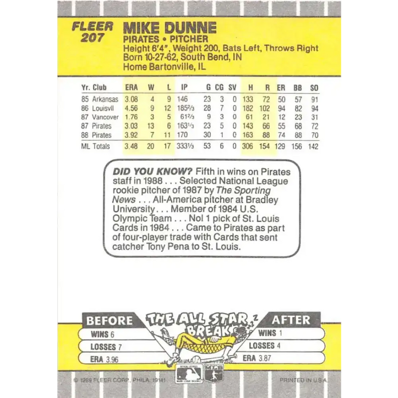 1989 Fleer #207 Mike Dunne EX Excellent Pittsburgh Pirates Baseball Card - Baseball Card Single