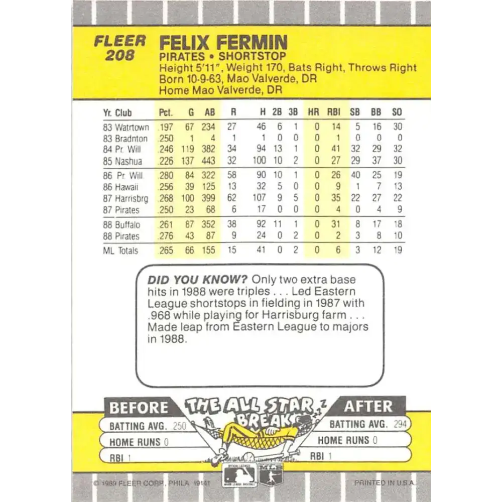 1989 Fleer #208 Felix Fermin EX Excellent Pittsburgh Pirates Baseball Card - Baseball Card Single