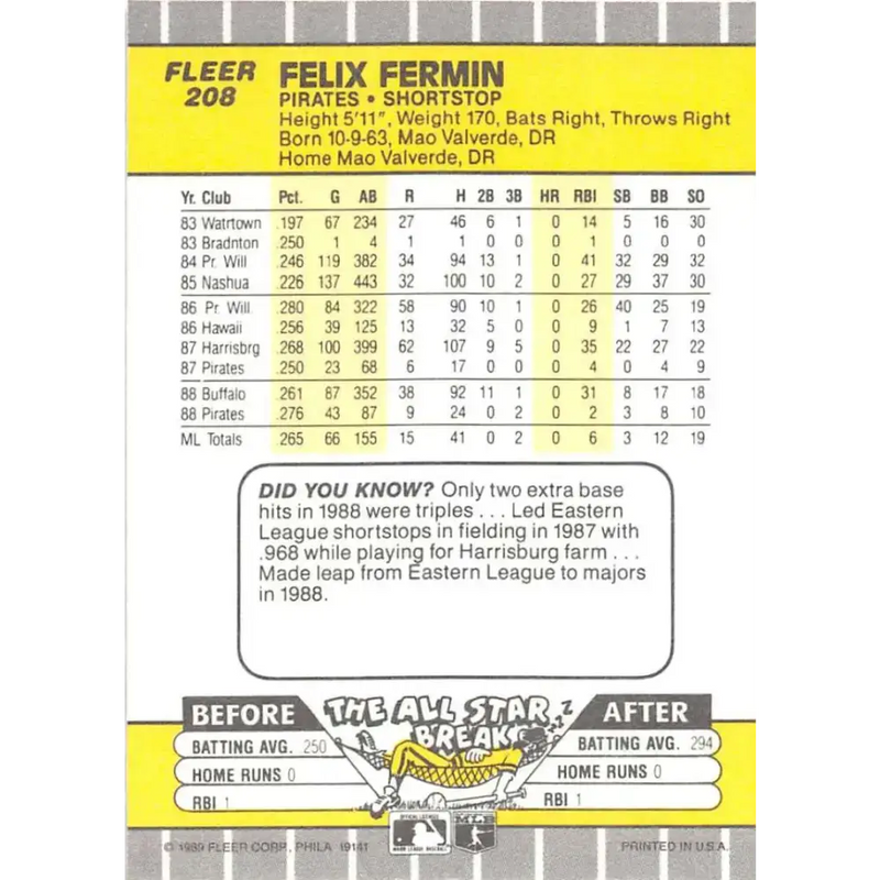 1989 Fleer #208 Felix Fermin EX Excellent Pittsburgh Pirates Baseball Card - Baseball Card Single