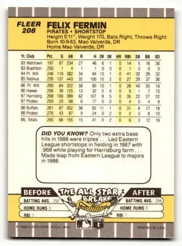 Felix Fermin Pittsburgh Pirates baseball card from 1989 Fleer #208 with NM condition