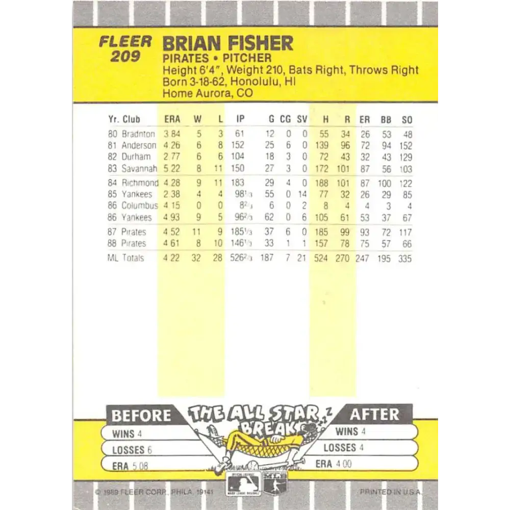 1989 Fleer #209 Brian Fisher EX Excellent Pittsburgh Pirates Baseball Card - Baseball Card Single