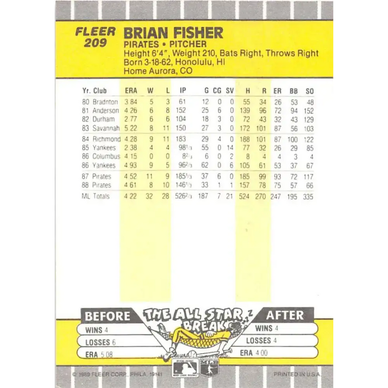 1989 Fleer #209 Brian Fisher EX Excellent Pittsburgh Pirates Baseball Card - Baseball Card Single